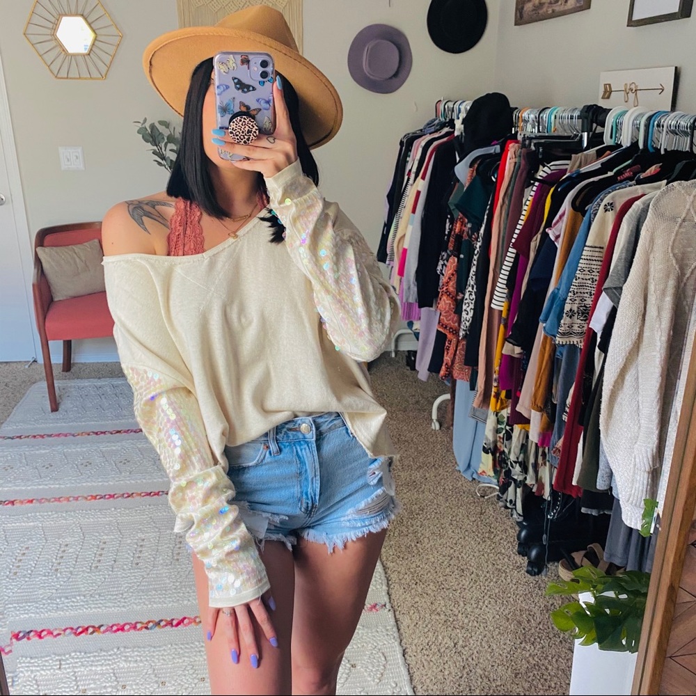 Free People Ivory Sequin Sleeve Slouchy Sweatshirt - Picture 8 of 11